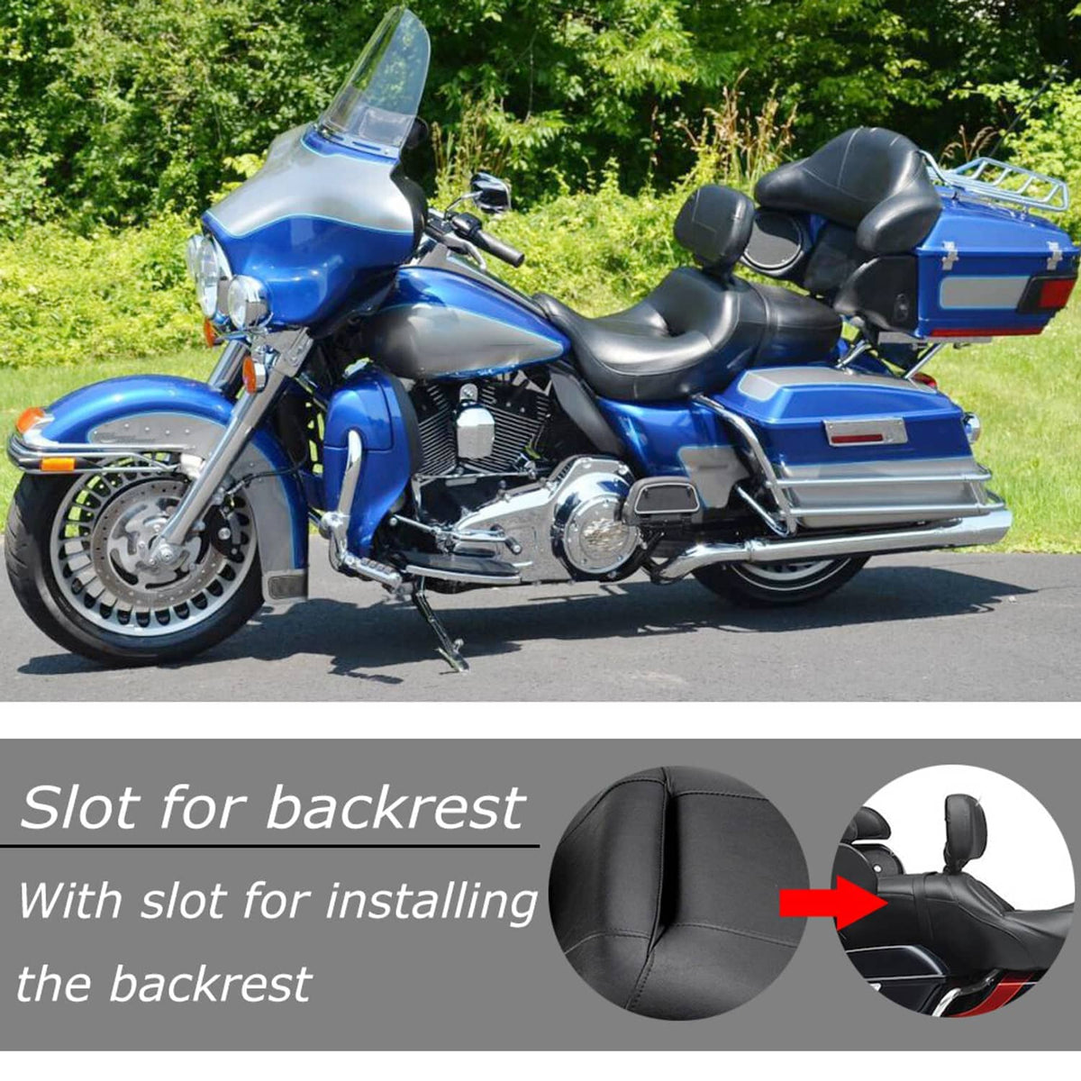 Black 2-up motorcycle seat with contoured rider and passenger cushions, side profile view