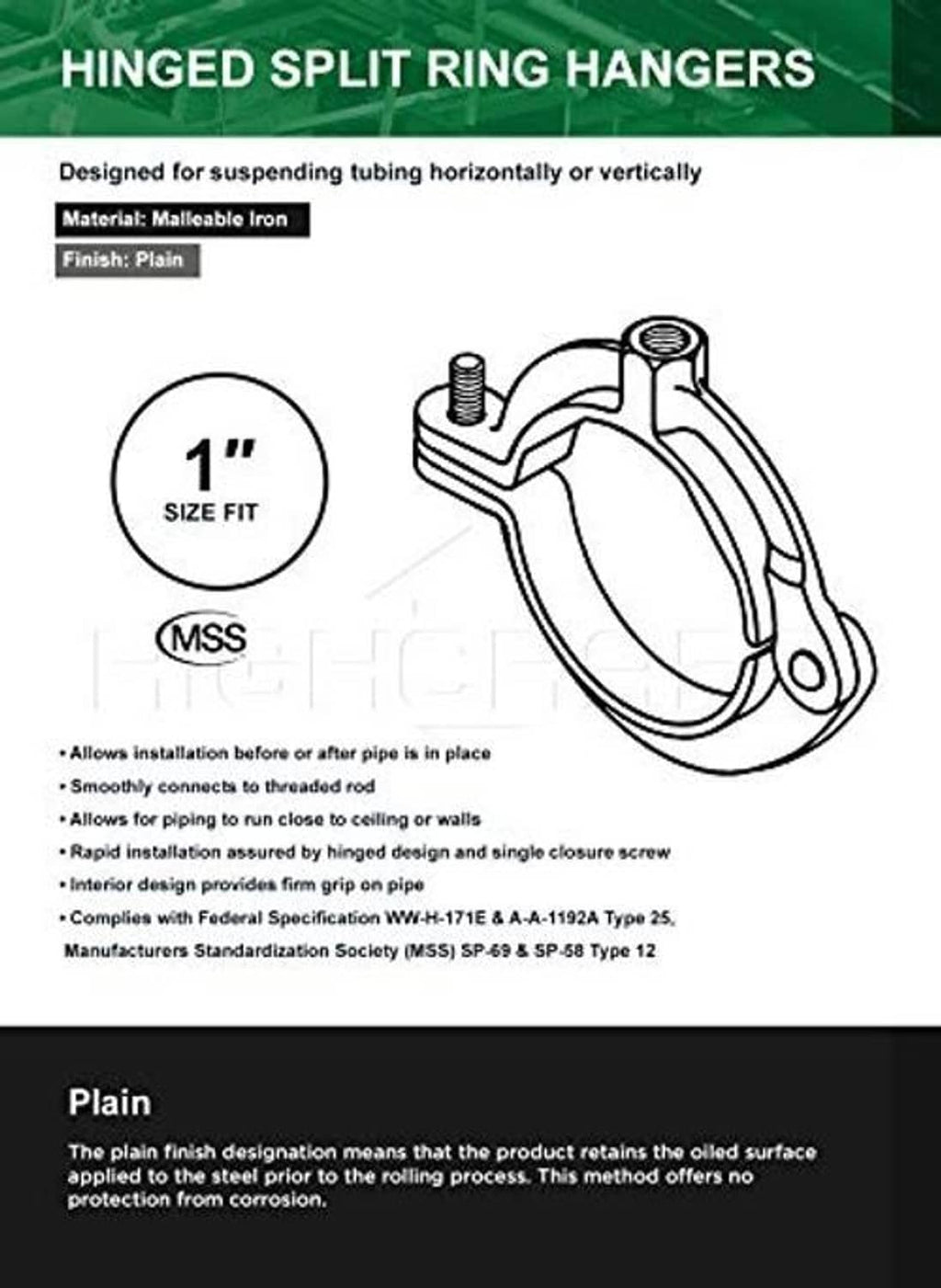 Hinged split ring pipe hanger diagram showing 1 in size fit and clamp closure