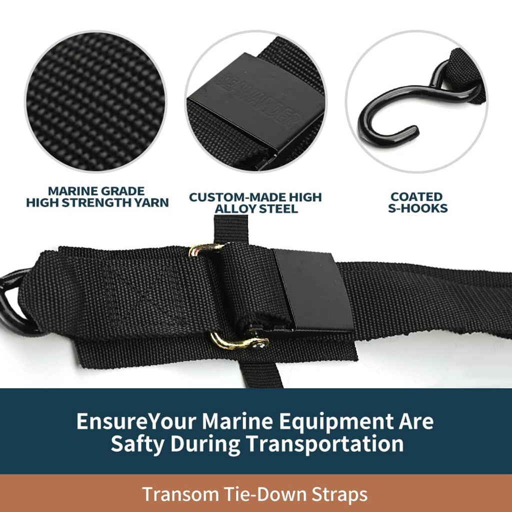 Black transom tie-down strap with metal buckle and coated S-hook