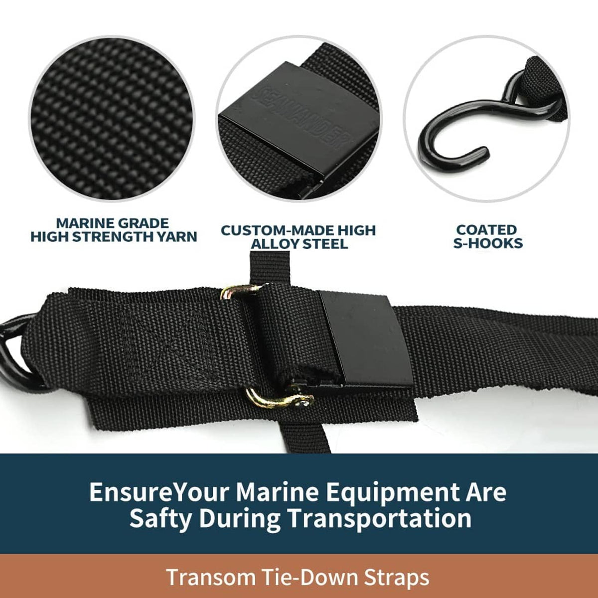 Black transom tie-down strap with metal buckle and coated S-hook