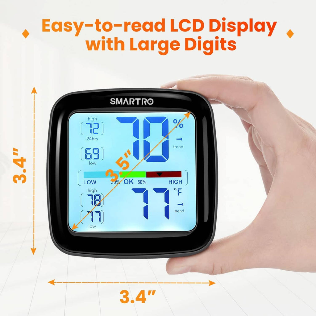 Black digital hygrometer with large-digit blue LCD showing humidity percent and °F