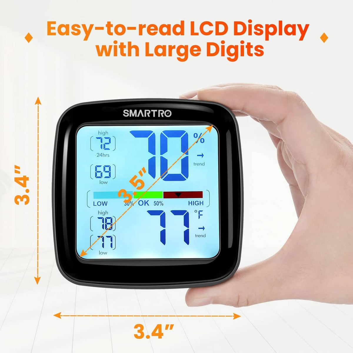 Black digital hygrometer with large-digit blue LCD showing humidity percent and °F