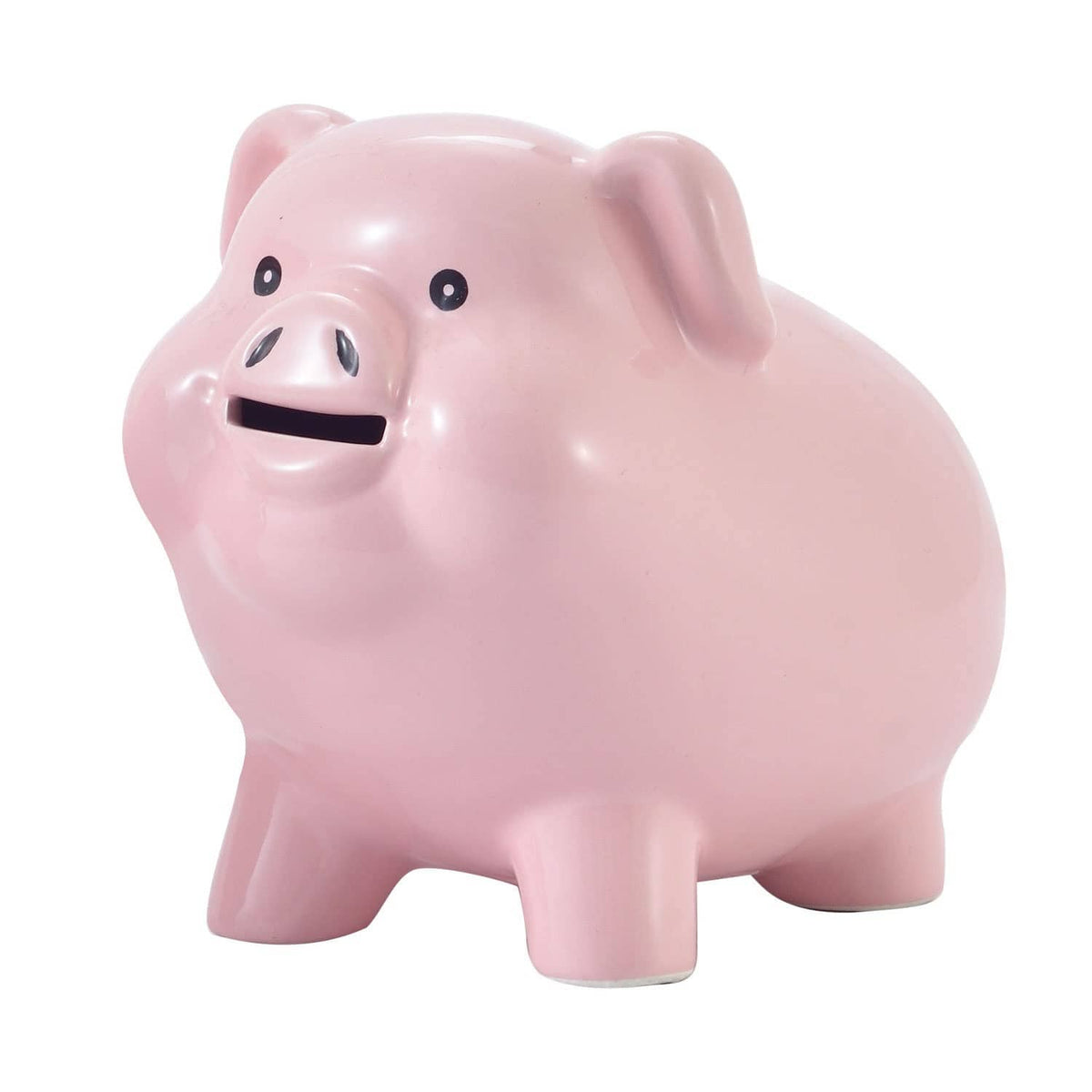 Pink ceramic piggy bank with smiling face, rounded body, and curled ears