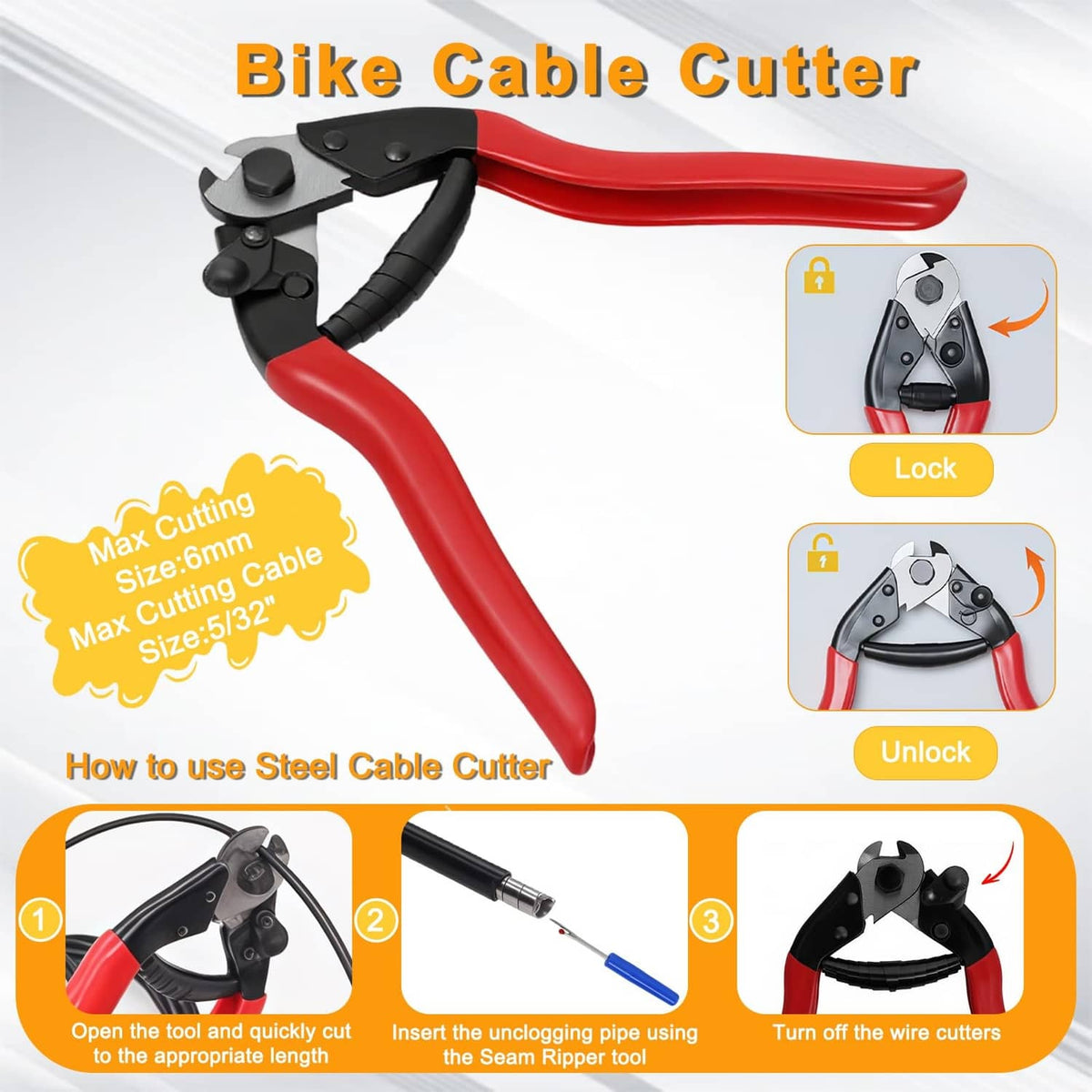 Red and black bike cable cutter pliers for trimming steel brake cables