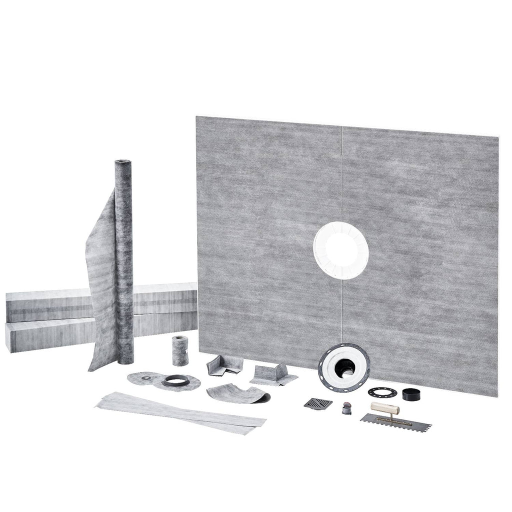 Gray shower curb pan kit with central drain flange and corner sealing parts