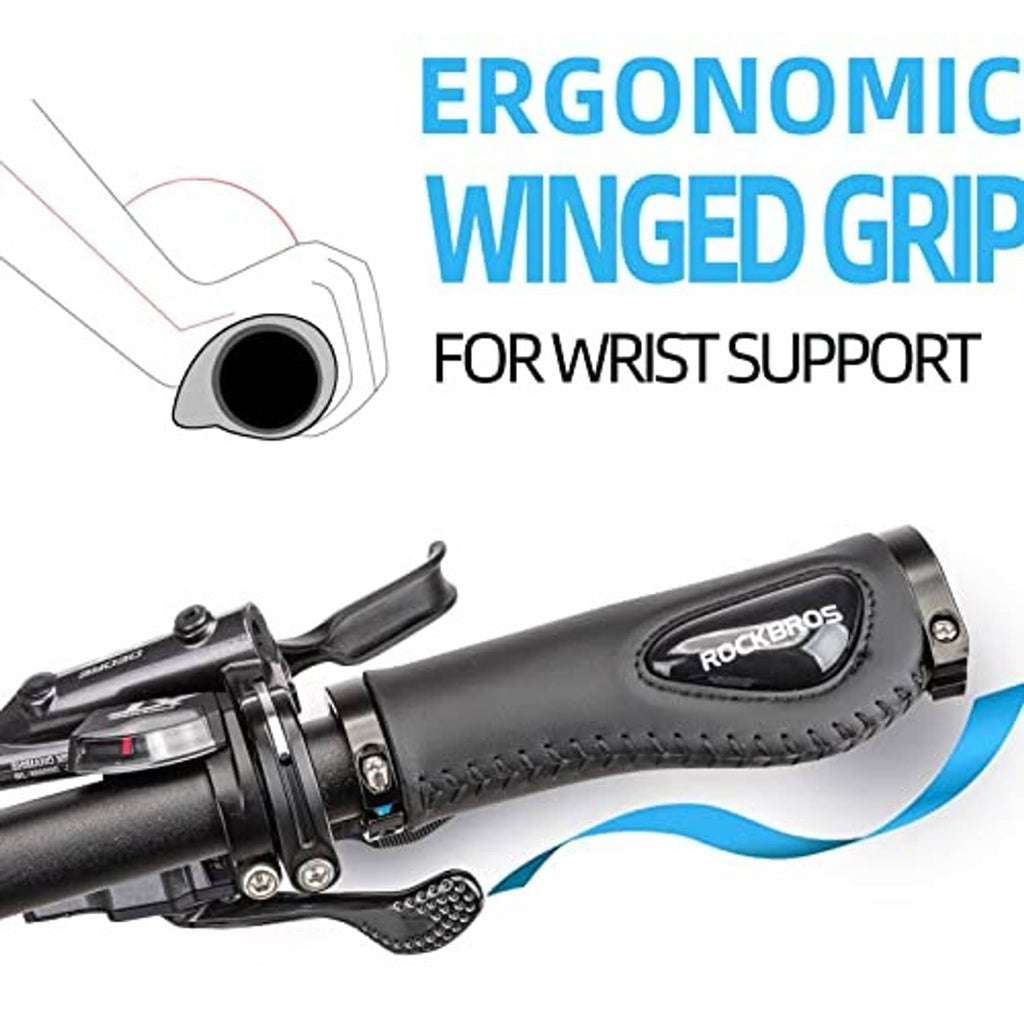 Bike handle grips with black soft gel ergonomic texture, mounted on bicycle handlebar