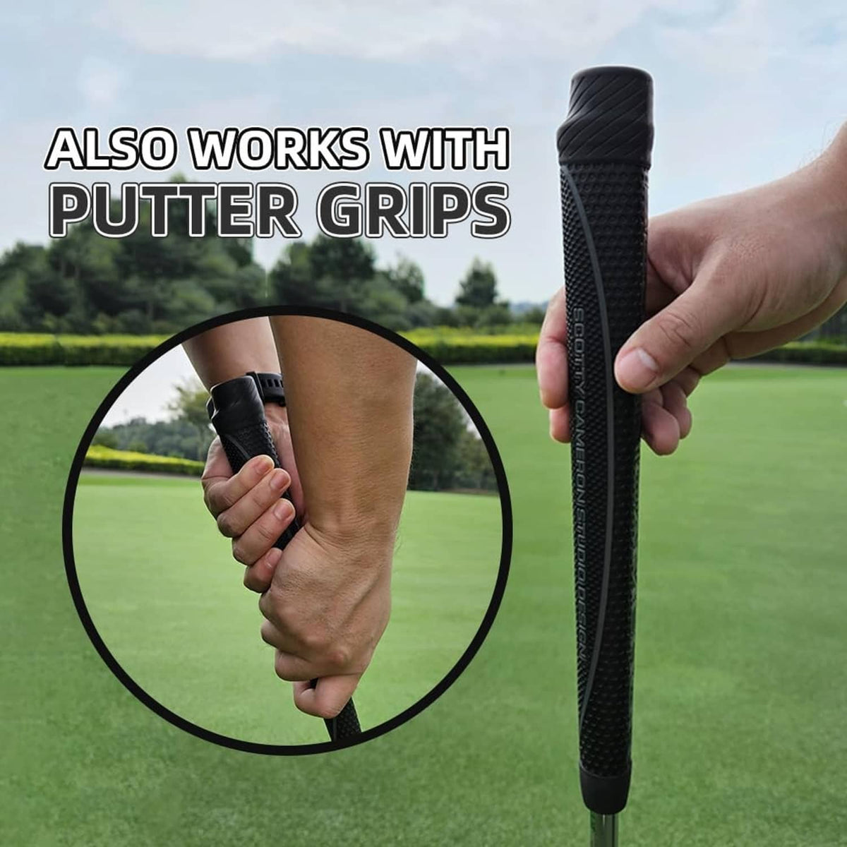 Black sensor cover on putter grip, held in hand for protective fitting