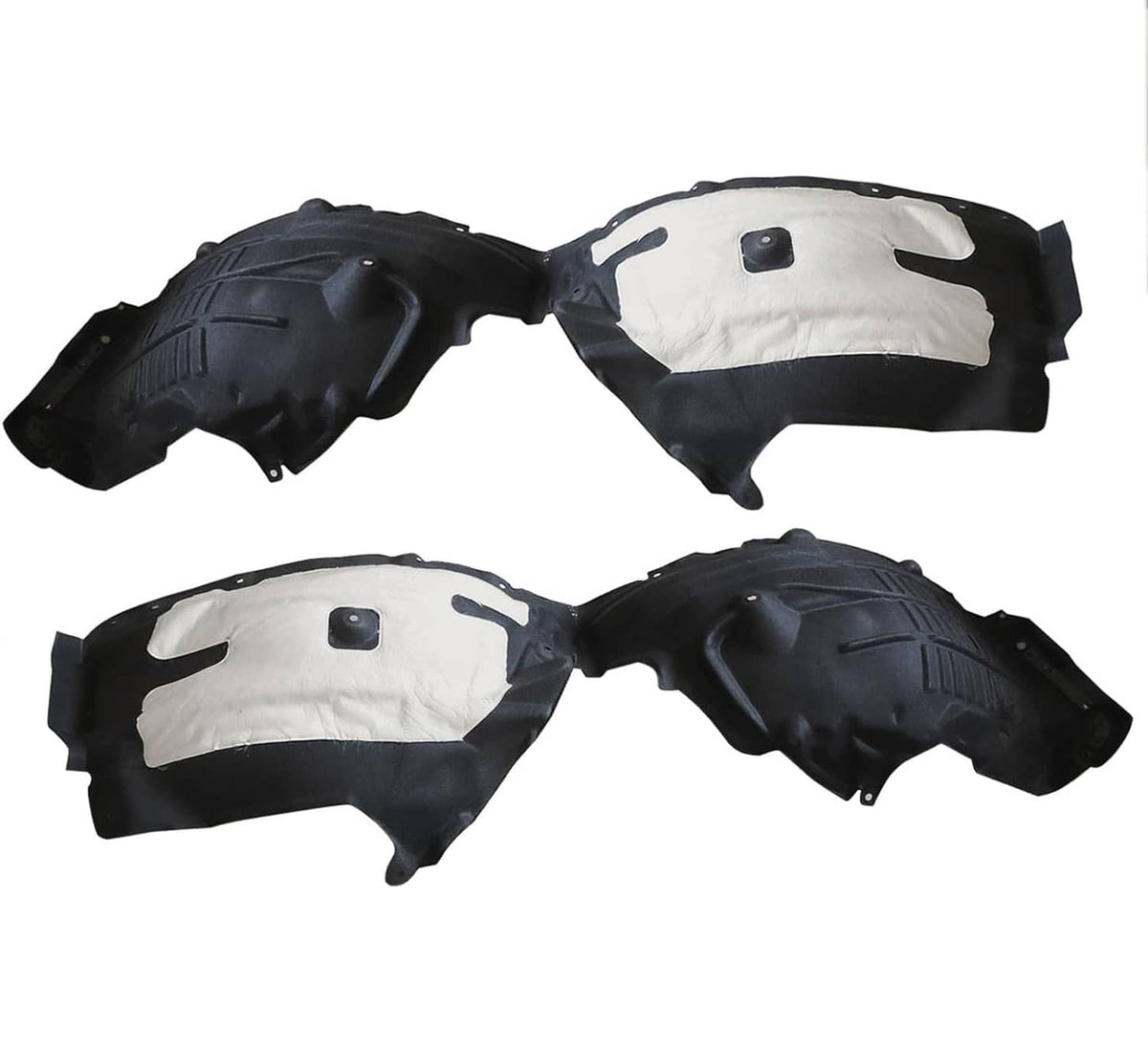 4-piece front fender liner set with black plastic and white foam backing pads