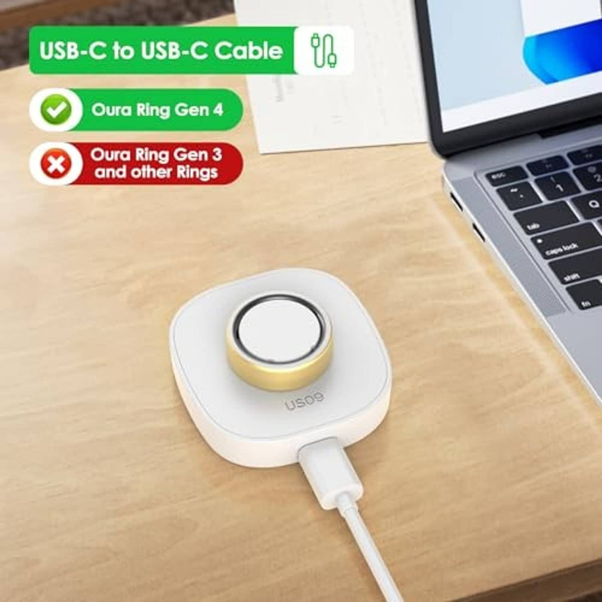White wireless ring charger dock connected to a USB-C cable