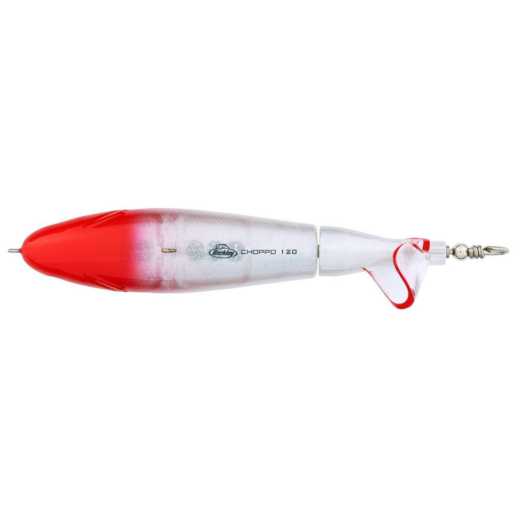 Red and white CHOPPO 120 topwater fishing lure with treble hook