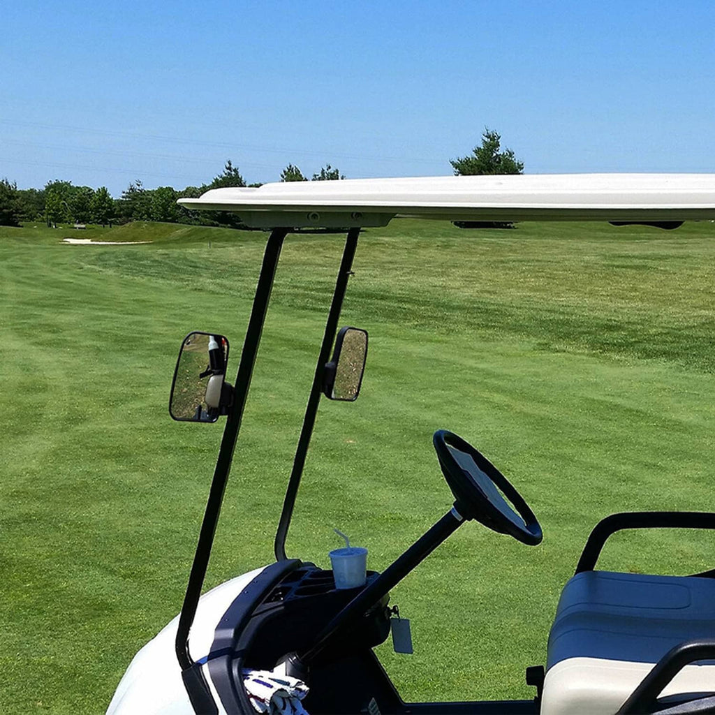 Golf cart side mirror mounted to black metal frame with wide convex lens