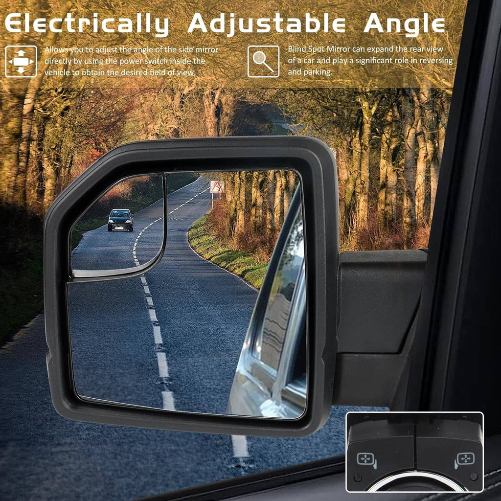 Electrically adjustable heated side mirror with black housing and wide view glass