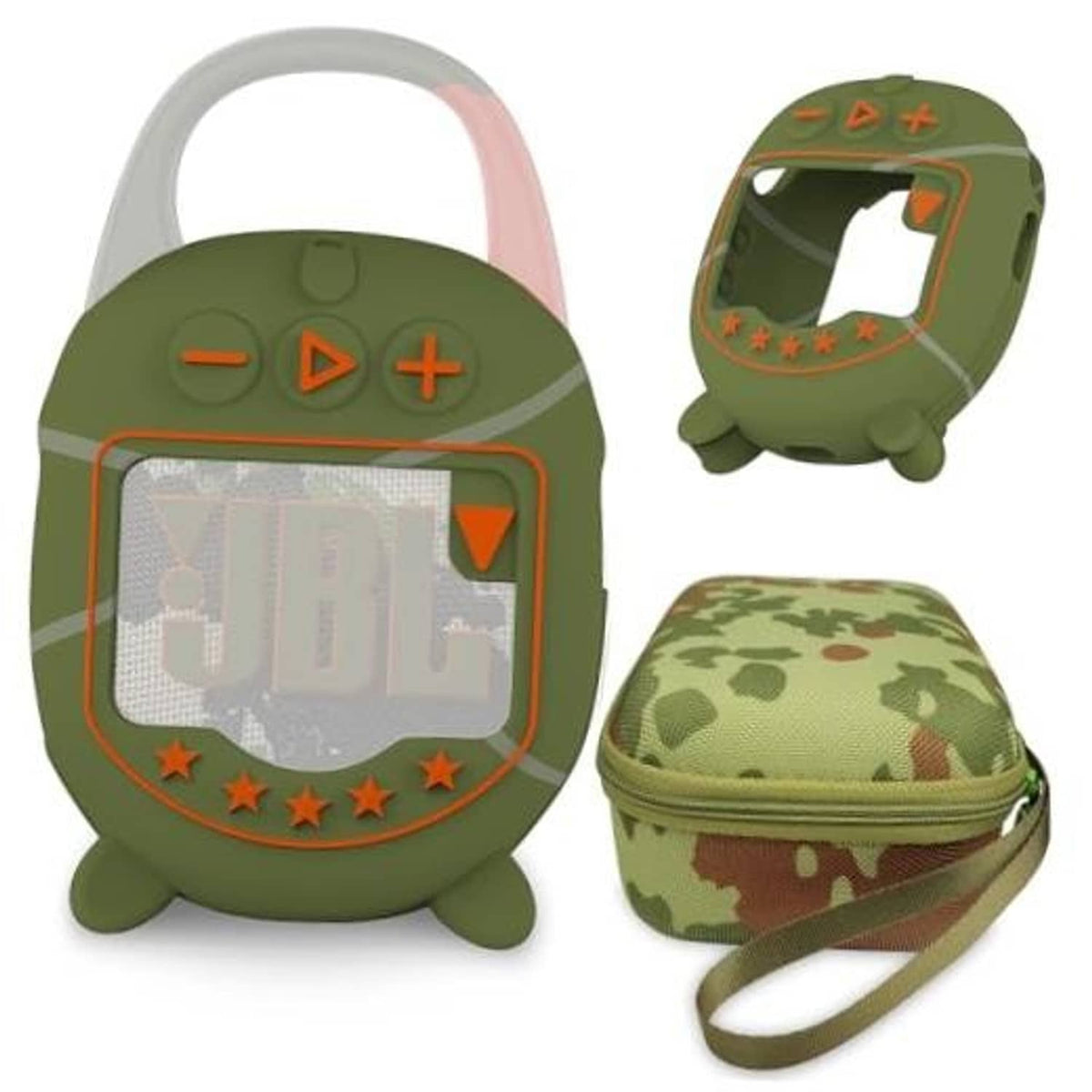 Olive green hard EVA case with silicone cover for JBL Clip 5, camo front panel.