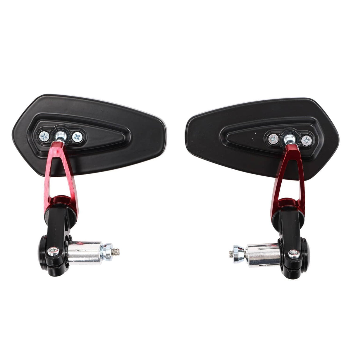 Rear view of handlebar-end mirrors with blue lens backs and red-black mounting hardware