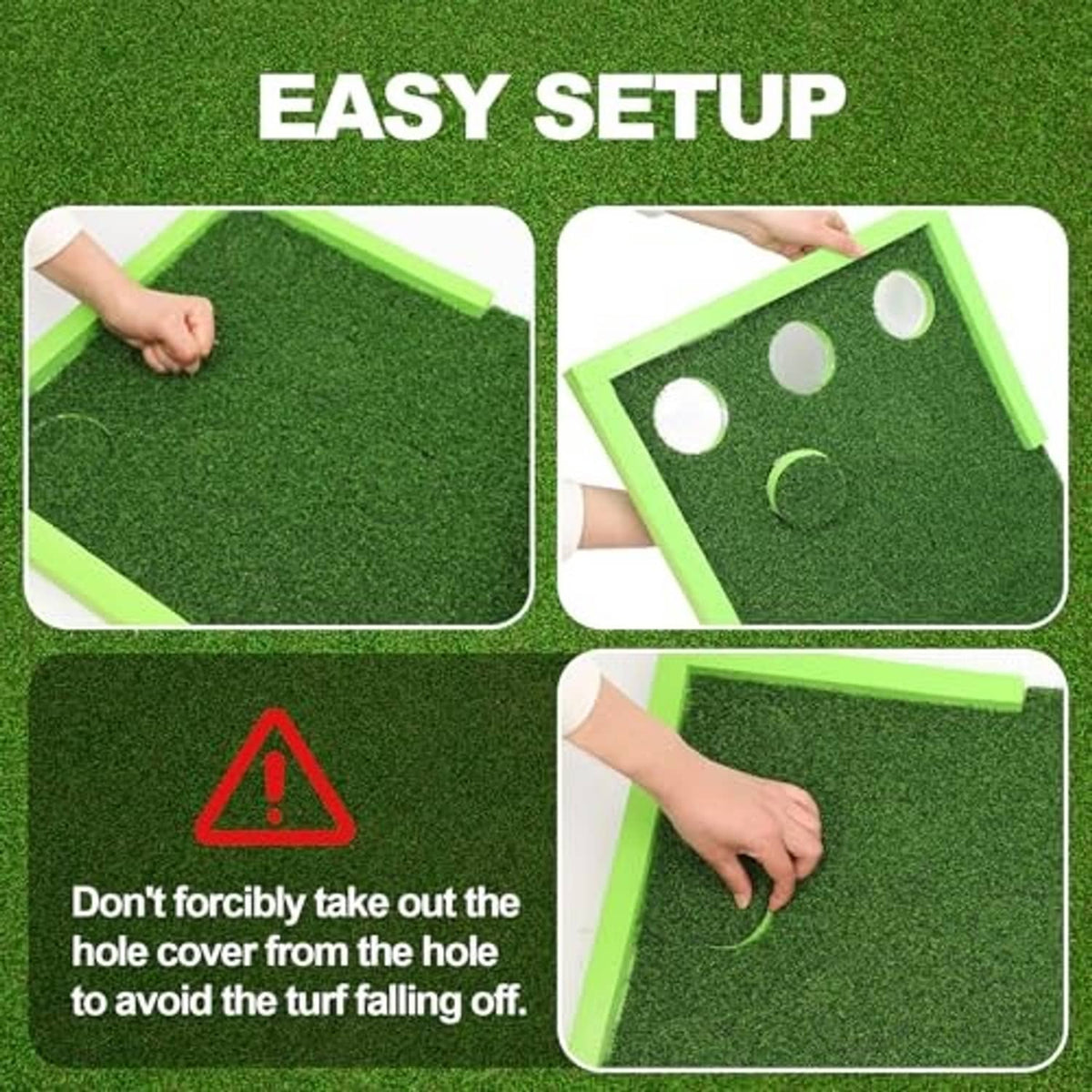 Hands setting up green putting mat by inserting and removing hole covers