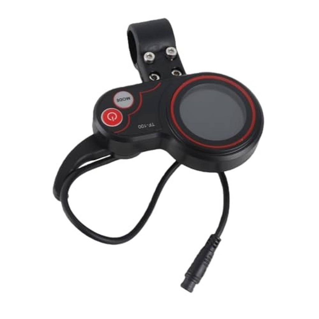 Electric scooter thumb throttle with round digital display, power button, and black cable