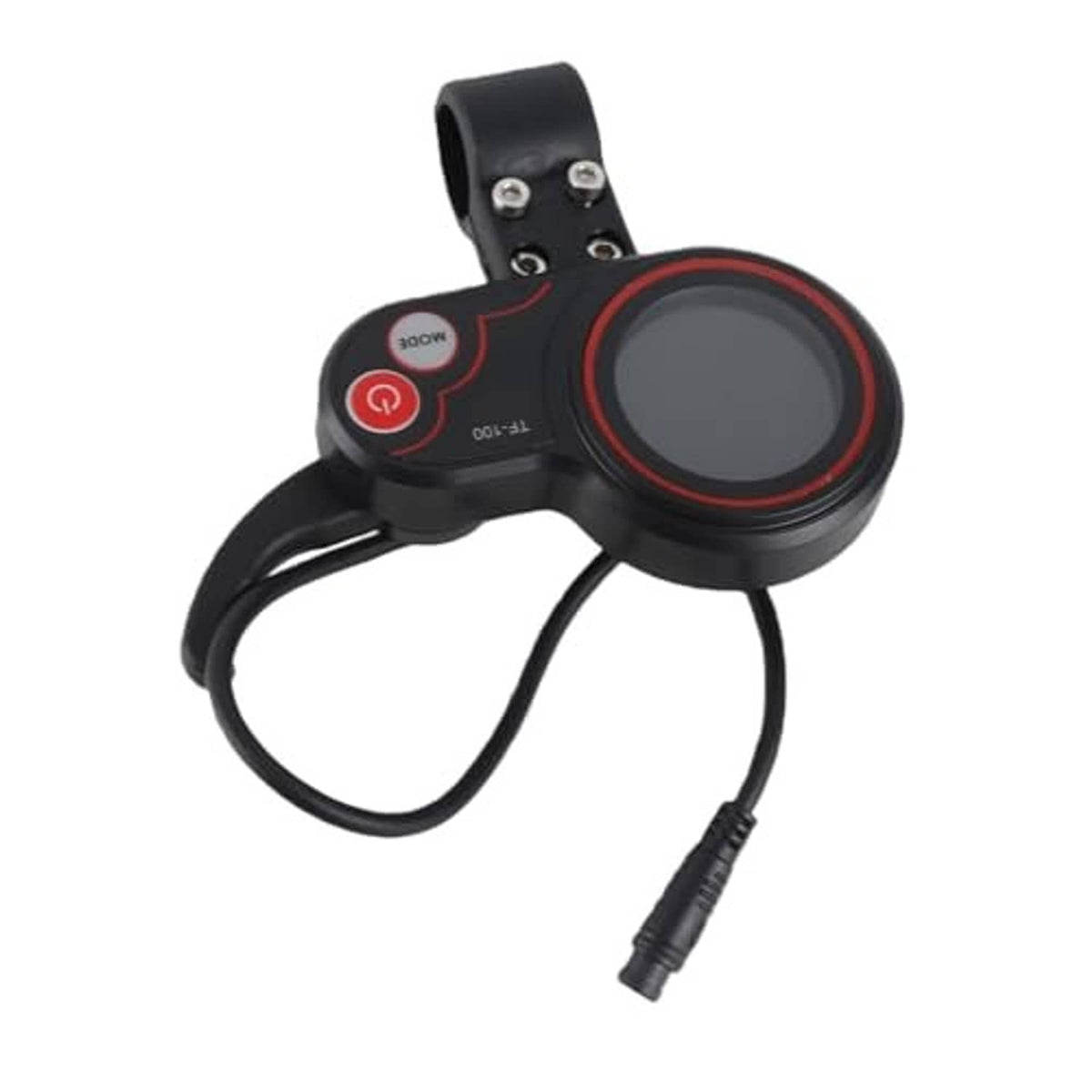 Electric scooter thumb throttle with round digital display, power button, and black cable