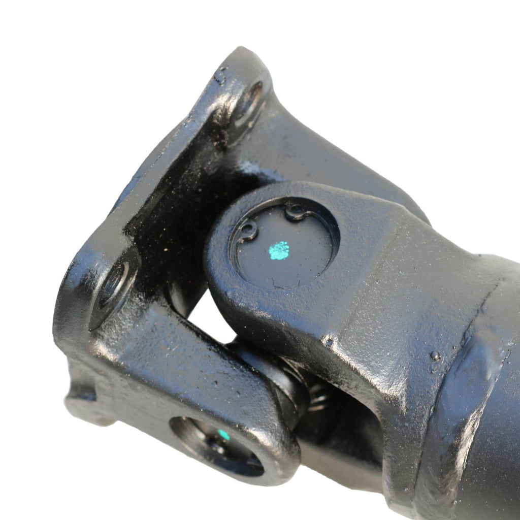Rear driveshaft joint yoke with blue-gray finish and black rubber bushing, mounting holes