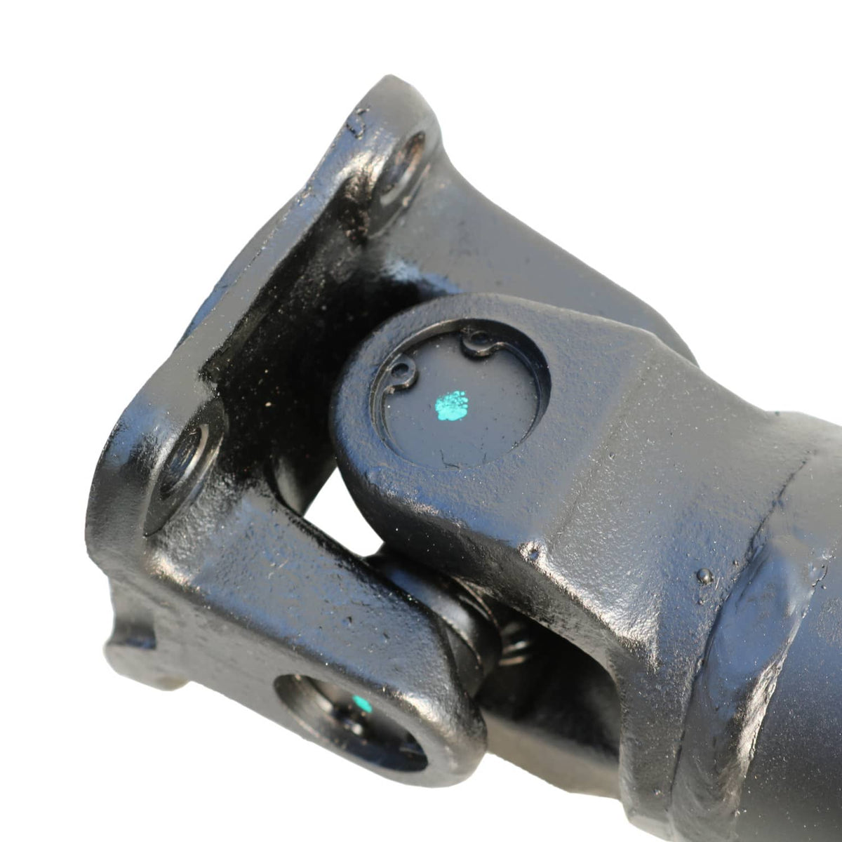 Rear driveshaft joint yoke with blue-gray finish and black rubber bushing, mounting holes