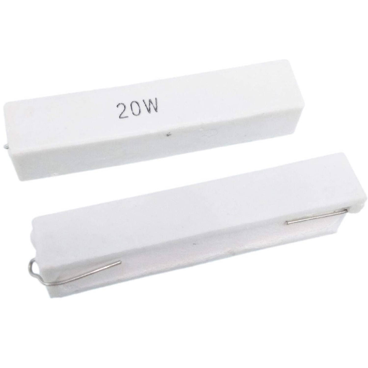 Axial ceramic cement power resistors, light gray, stamped 20W, metal end leads