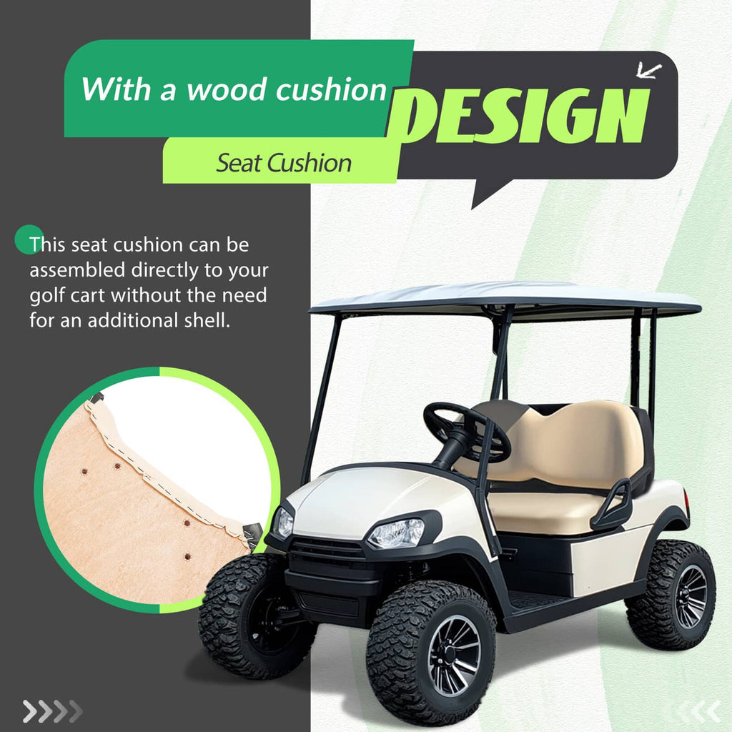 Beige seat bottom cushion on golf cart seat frame, smooth cover and black base trim