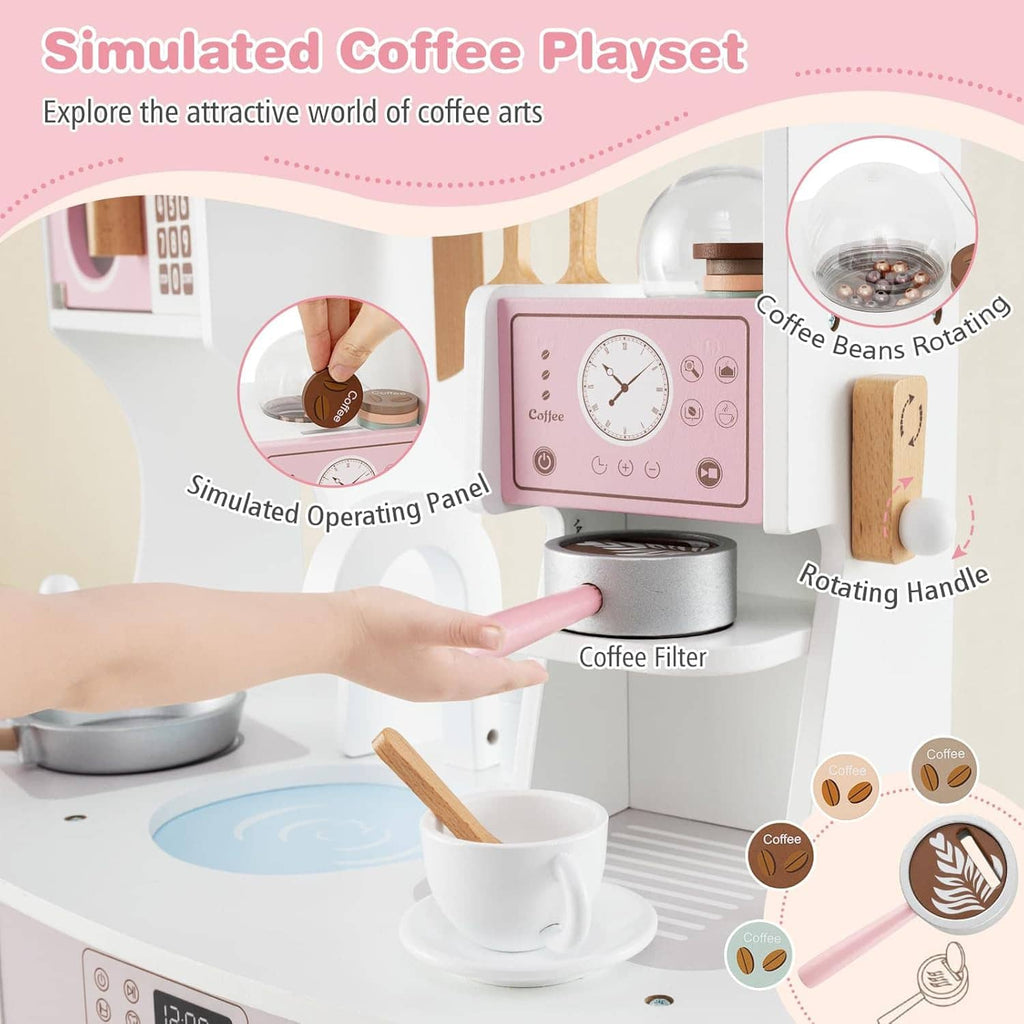 Wooden coffee playset section with rotating handle, coffee filter, and cup set