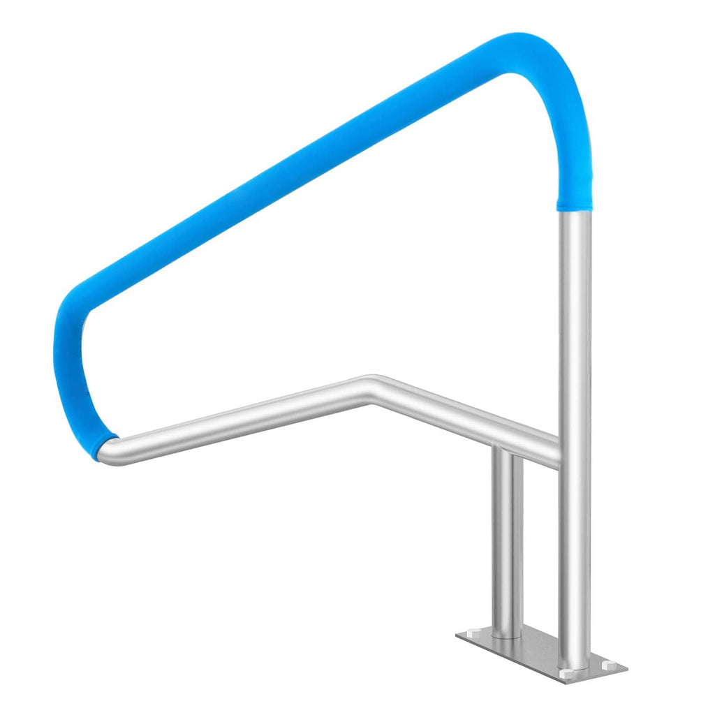 Stainless steel swimming pool handrail with blue U-shaped grip and base plate