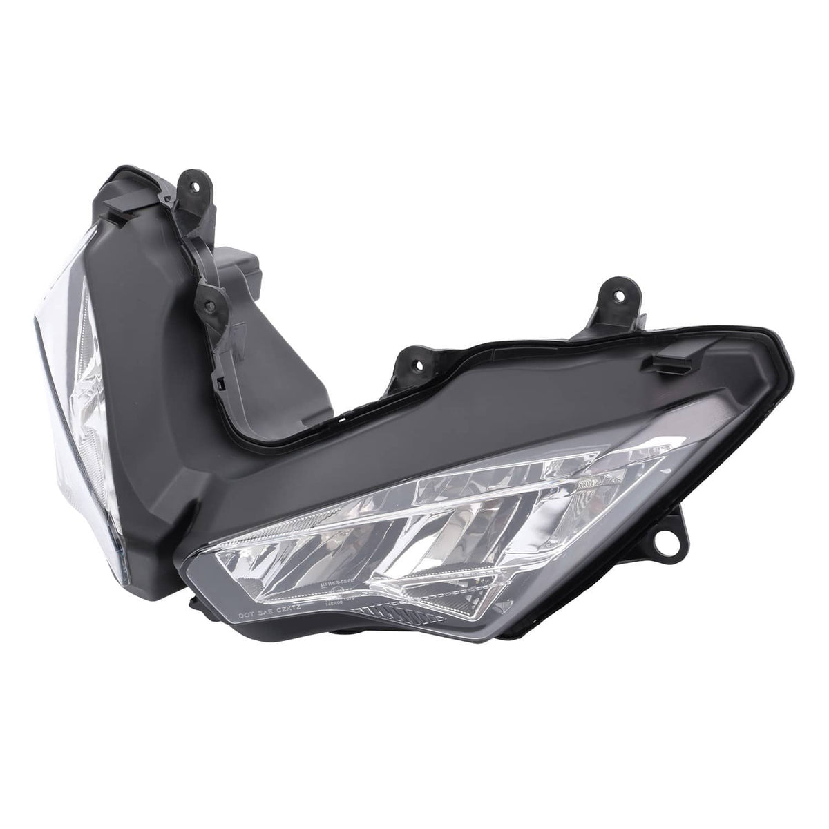 Motorcycle headlight fairing housing with clear lens and side mounting tabs