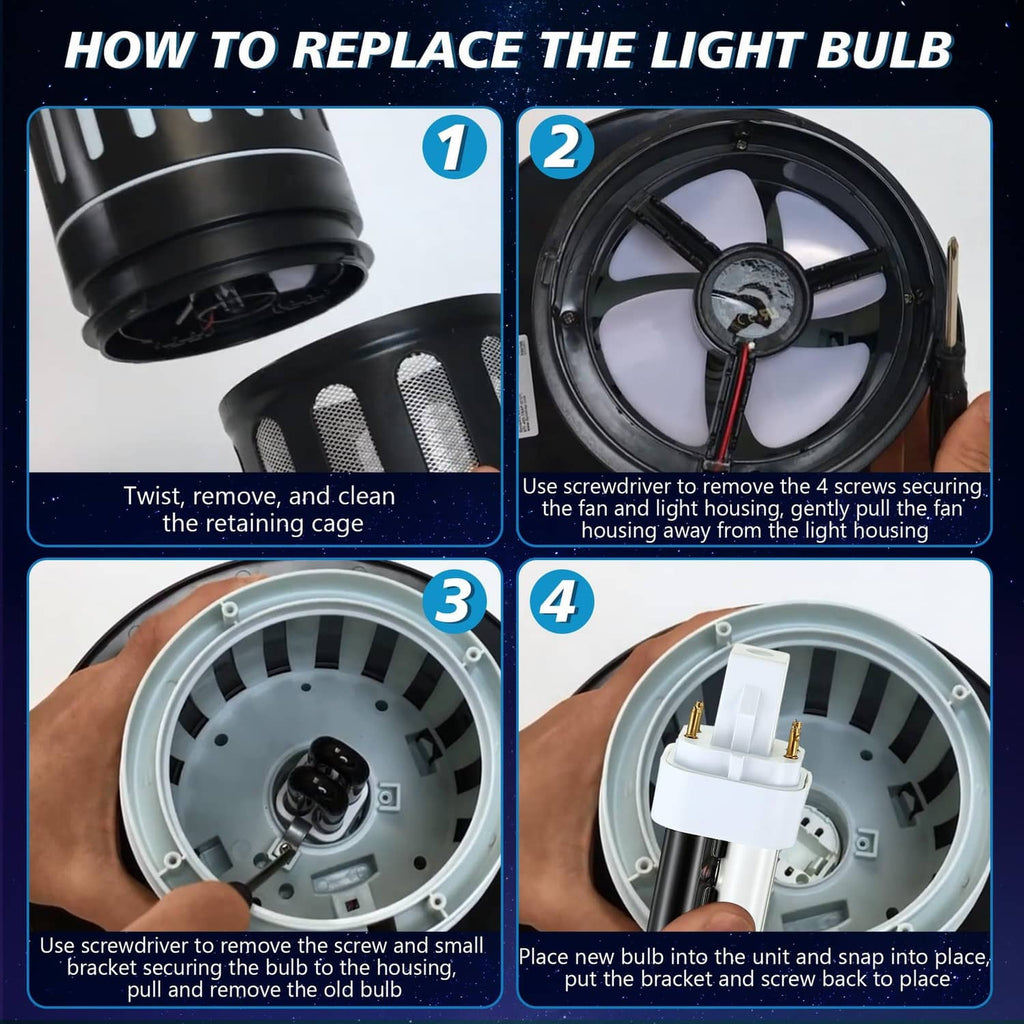 Steps for replacing bug zapper bulb, showing 4-pin socket and installed bulb