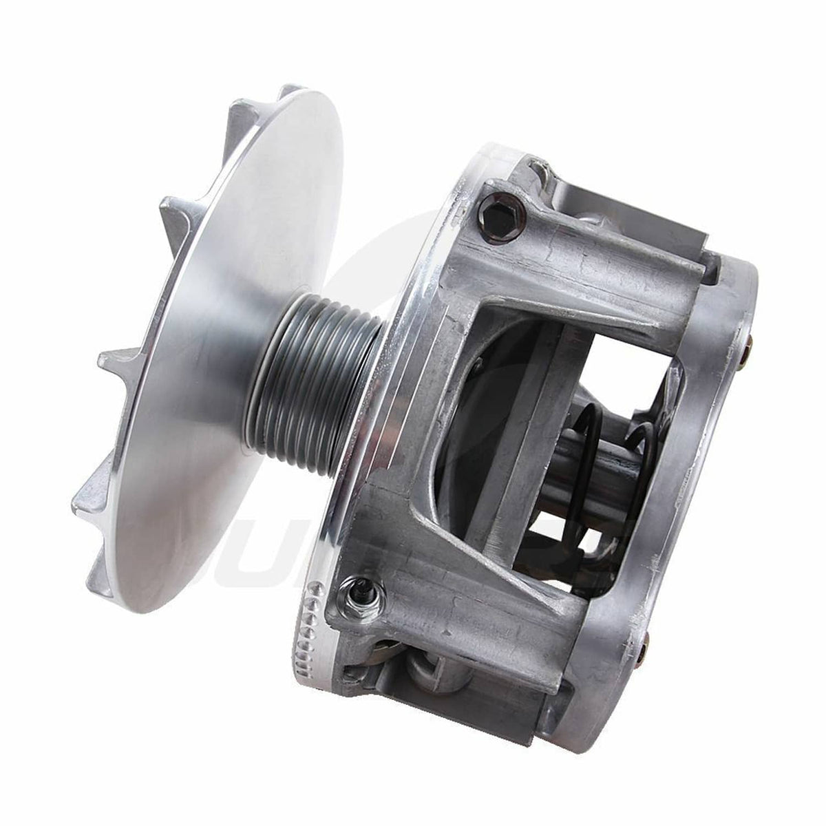 Metal drive clutch assembly with threaded center shaft and side sheave