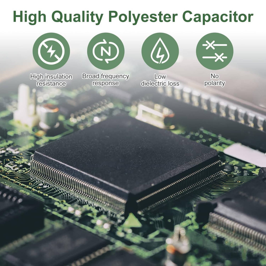 Green film capacitors with leads on a circuit board, close-up