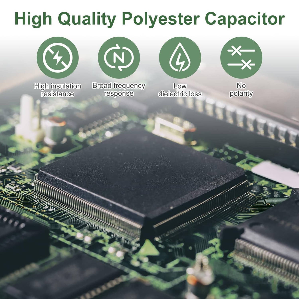 Green film capacitors with leads on a circuit board, close-up