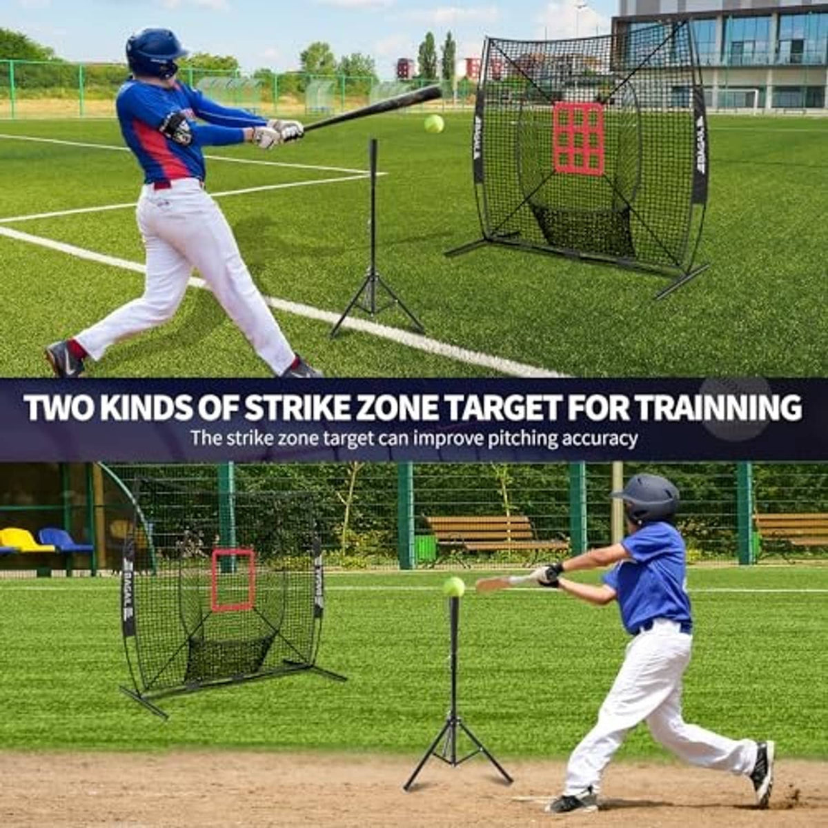 Baseball training net with red strike-zone target for pitching practice on a field