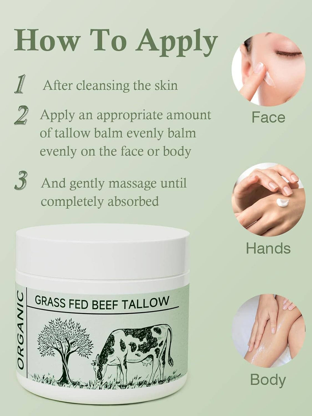 Beef tallow moisturizer jar with how-to-apply steps for face, hands, and body