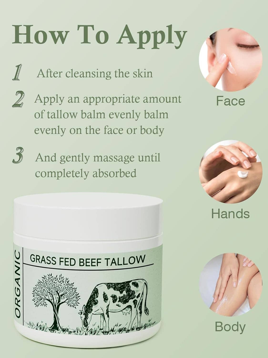 Beef tallow moisturizer jar with how-to-apply steps for face, hands, and body