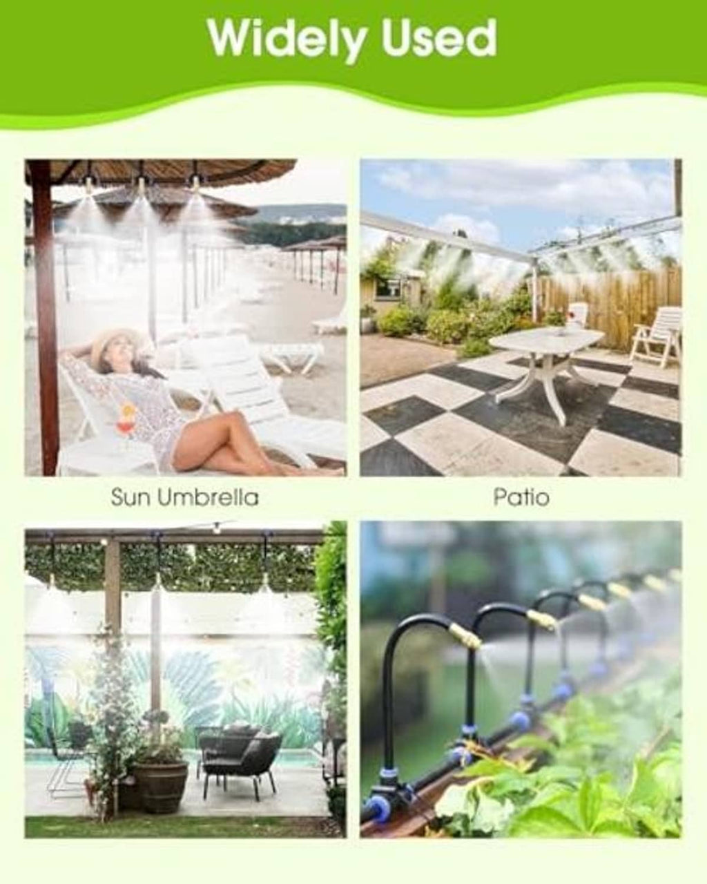 Outdoor patio misting nozzle line kit with multiple spray heads and adjustable tubing