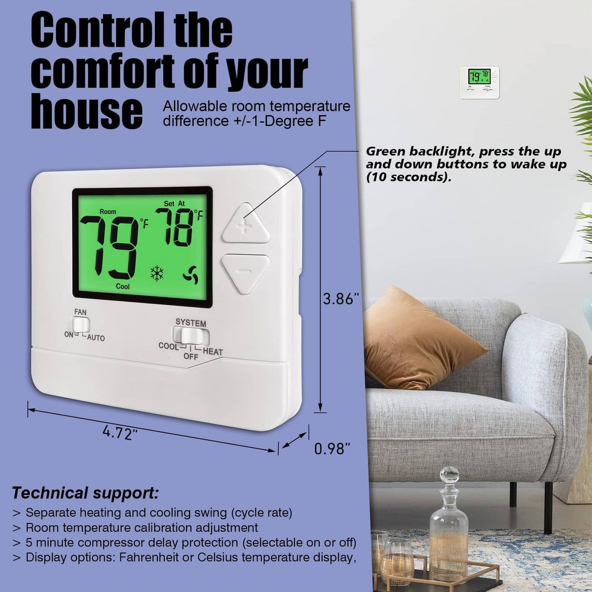 Wall thermostat controller with green backlit LCD showing set temperature and mode icons