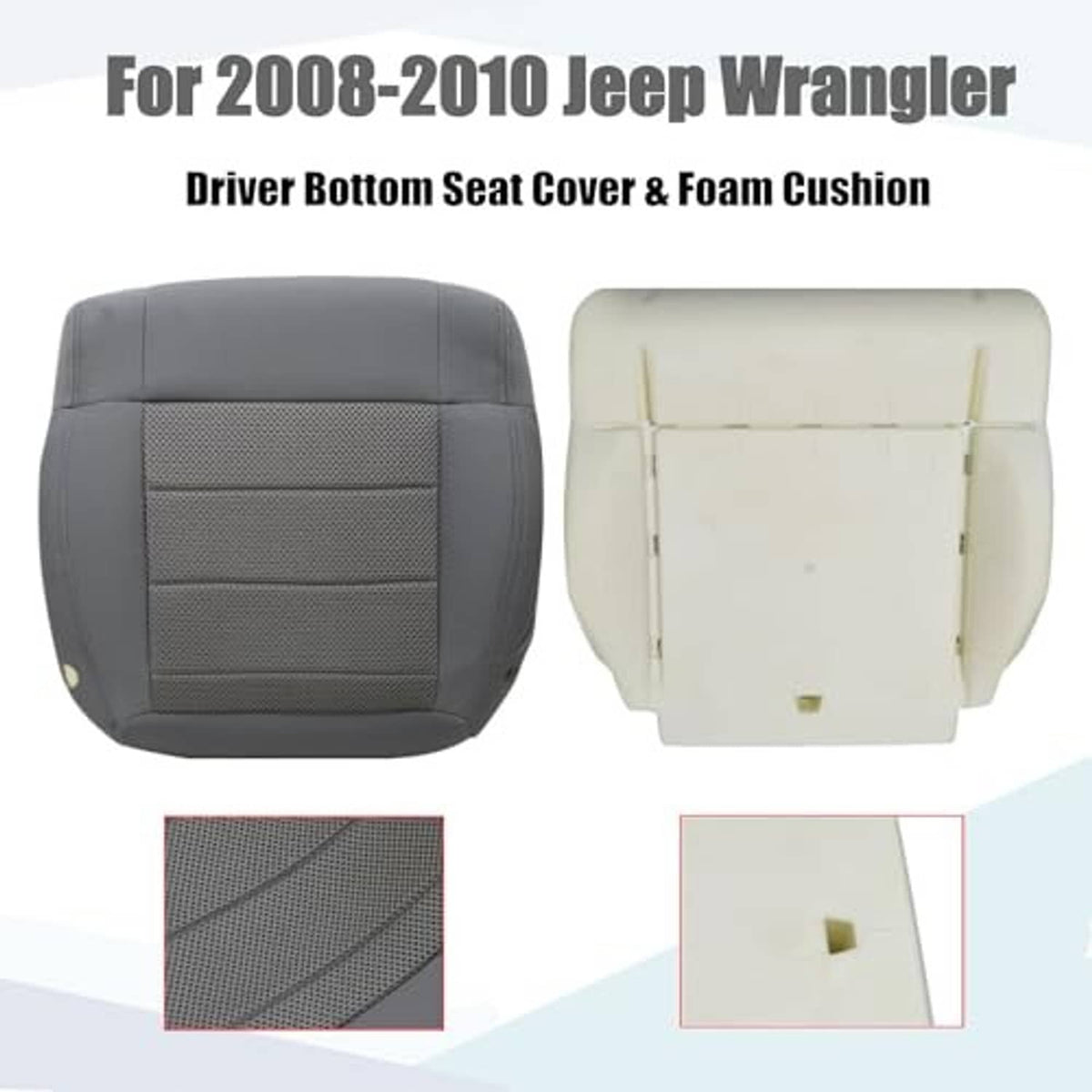 Driver-side bottom seat cover set with gray cloth and foam cushion, plus detail insets