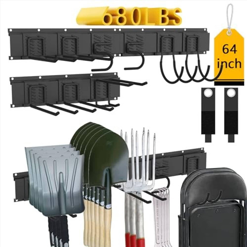 Black 64-inch wall rack with sliding hooks and hanging tool holders