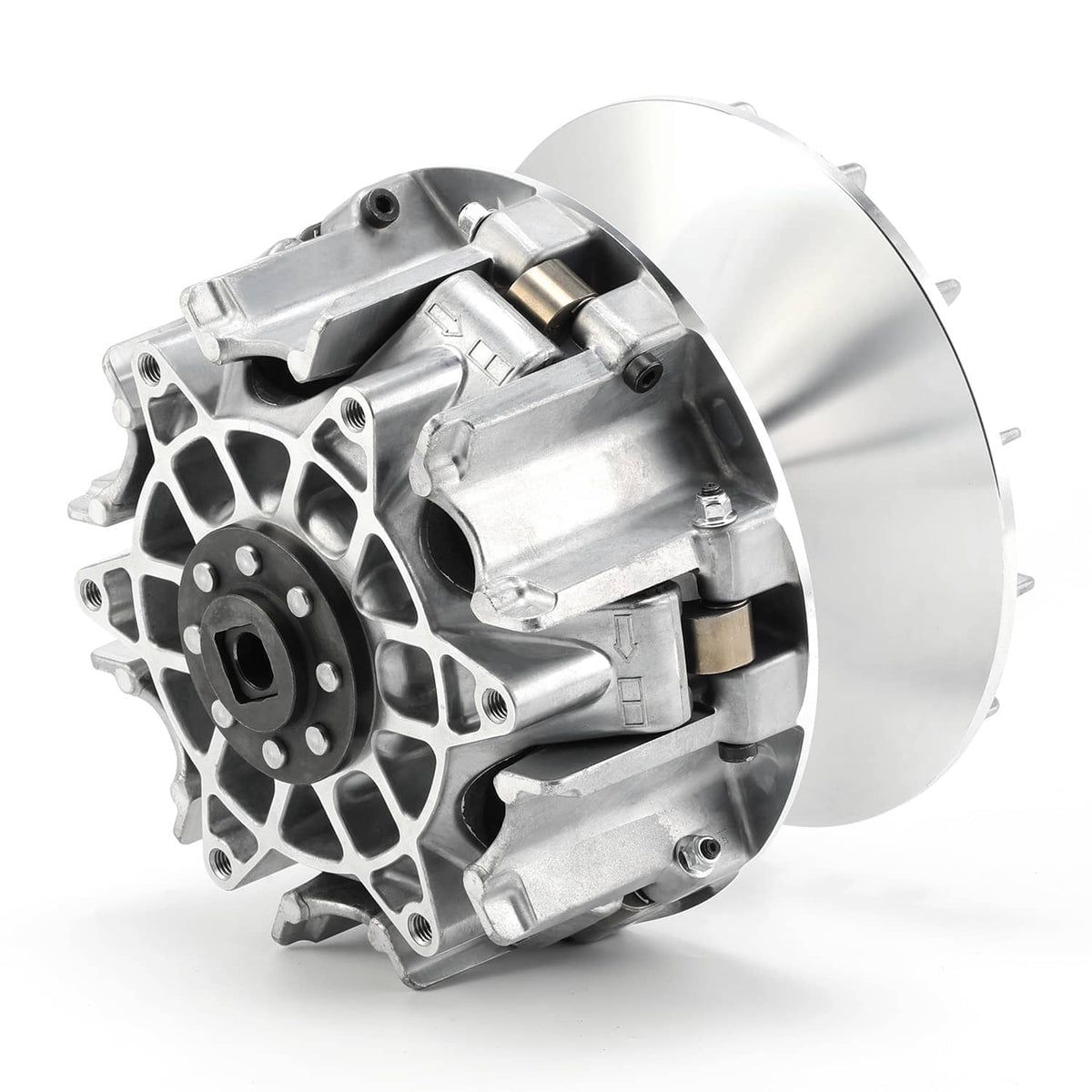 CVT primary drive clutch assembly with machined alloy frame and silver pulley cover