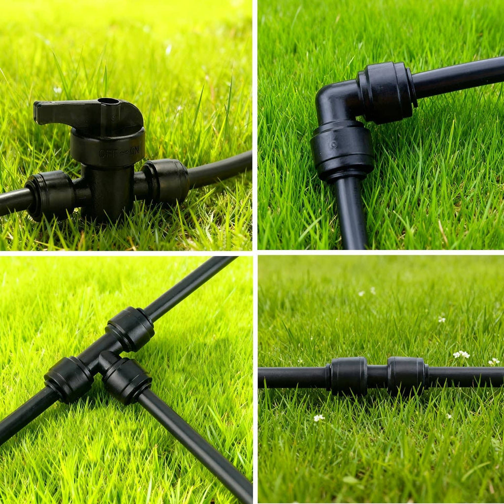 Black quick-connect drip irrigation fittings on tubing: elbows and tee-style connector