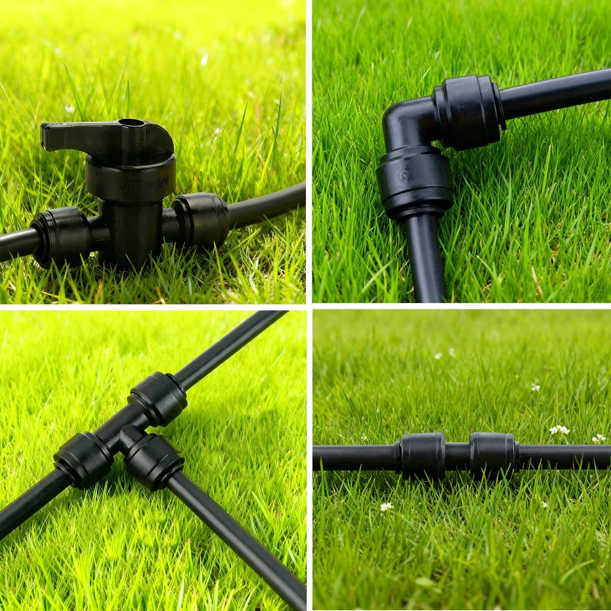 Black quick-connect drip irrigation fittings on tubing: elbows and tee-style connector