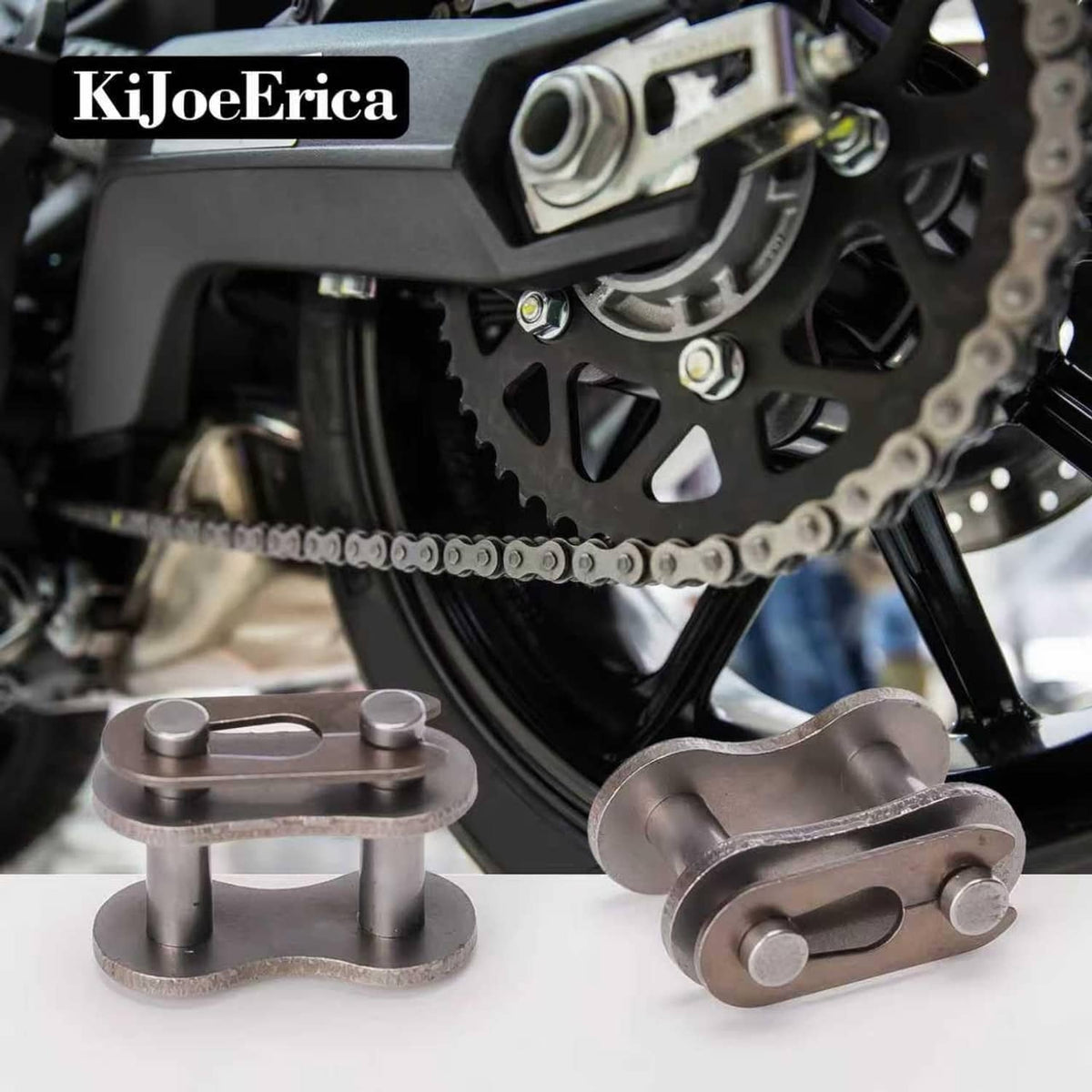 Steel gray master link connector with pins shown near bike drivetrain chain