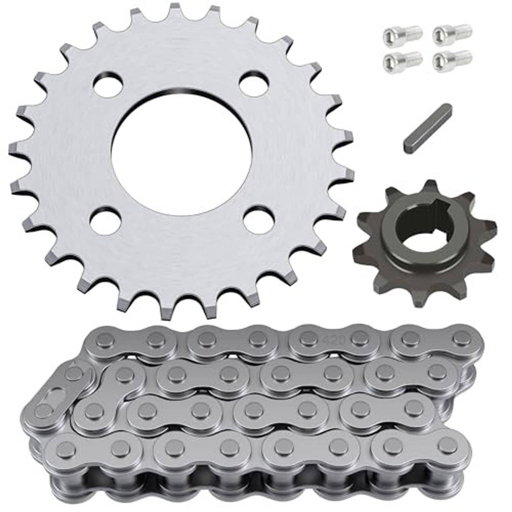 Silver 420 sprocket (25T) with 32-link chain and included bolt hardware