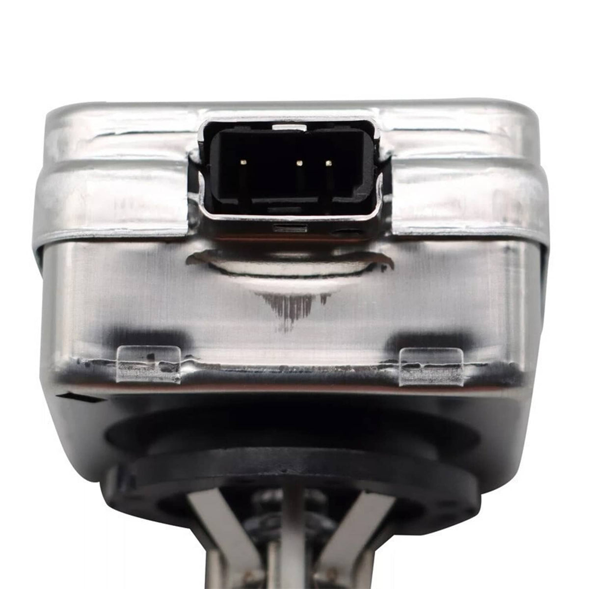 Close-up of HID ballast bulb connector housing with black and silver terminals