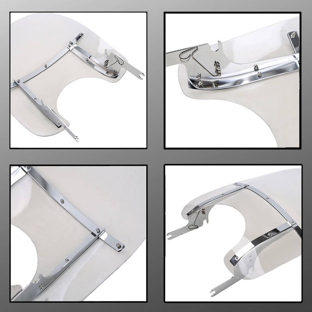 Close-up of clear windshield with chrome brackets and fasteners on mounting arms