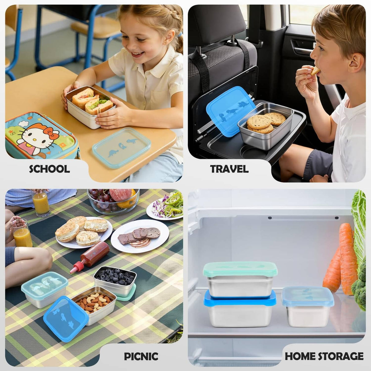 Tanjiae 3-pack stainless steel snack containers with dino lids for school, travel, picnic