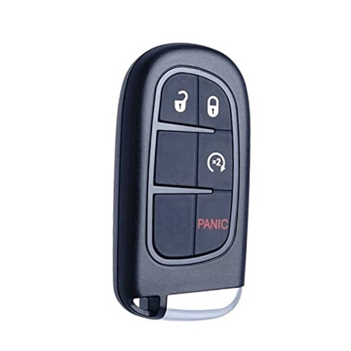 Black 4-button key fob with lock, unlock, trunk and panic icons, replacement remote.