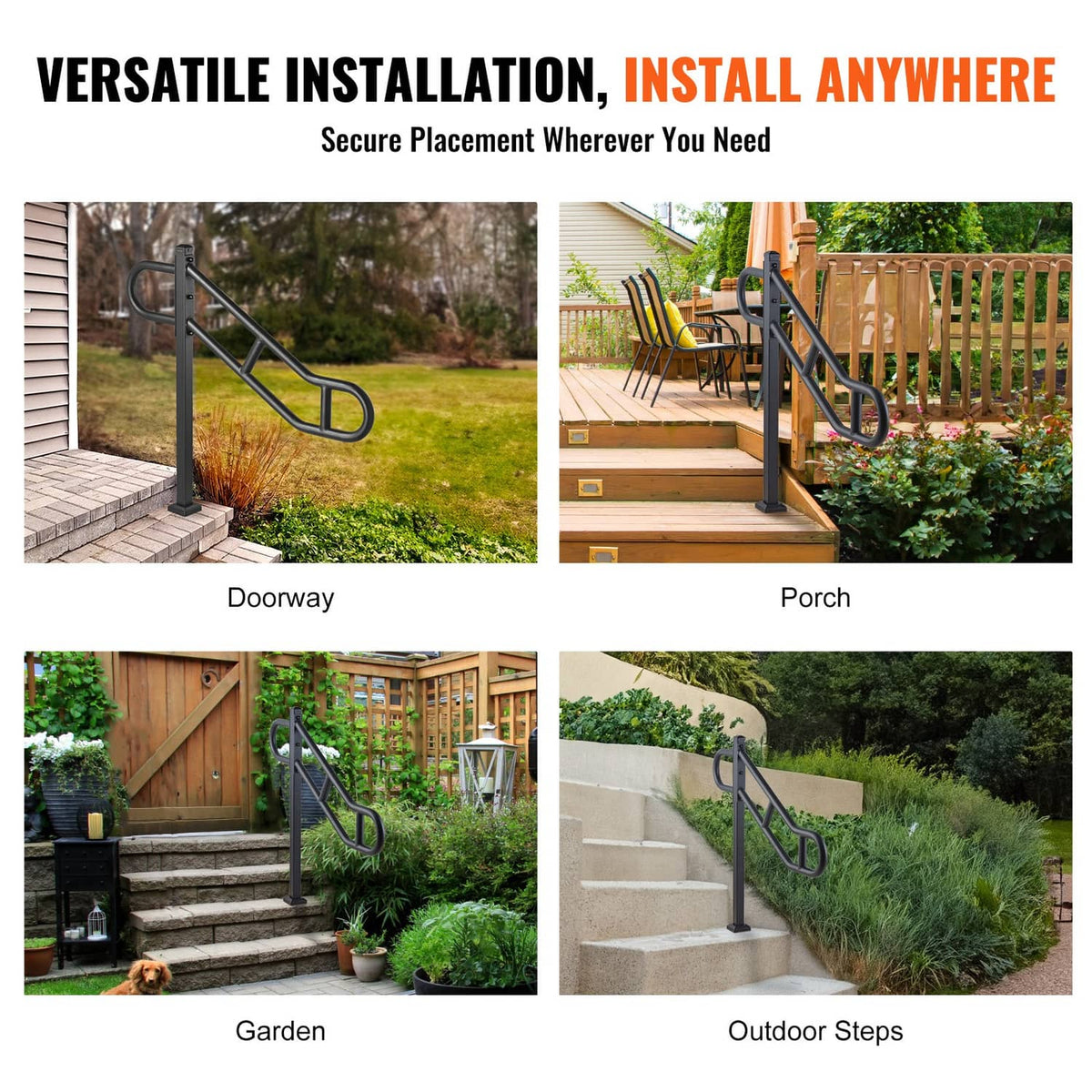Black handrail shown installed on doorway, porch, garden, and outdoor steps (collage)