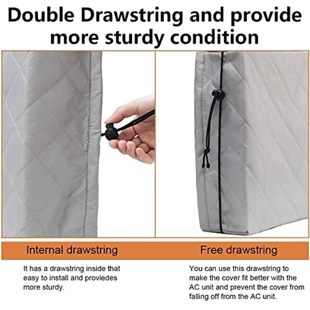 Quilted air conditioner cover with drawstring ties for a tighter fit